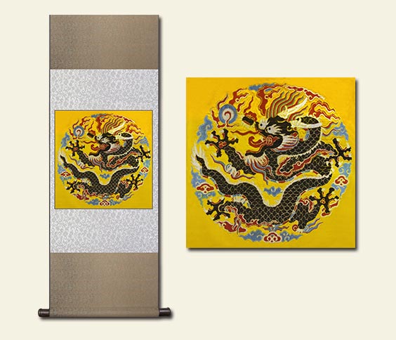 真金孔雀羽團龍云錦掛畫